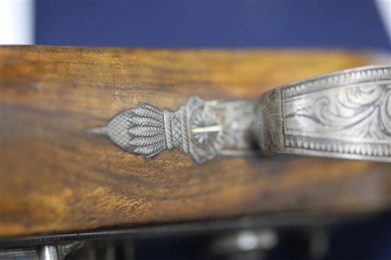 Gardner, Newcastle. A cased pair of early 19th century flintlock holster pistols, by Gardner, Newcastle, pistols 14in. (hammers broken